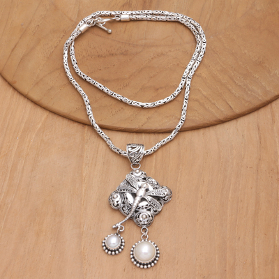 Cultured pearl pendant necklace, 'Noble Dragonfly' - Dragonfly Cultured Pearl Pendant Necklace from Bali