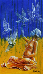 'Peace For All Nations' - Expressionist Peace Painting of Pregnant Woman with Doves