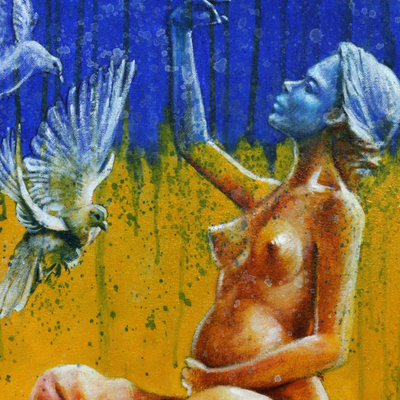 'Peace For All Nations' - Pintura de paz expresionista de mujer embarazada con palomas