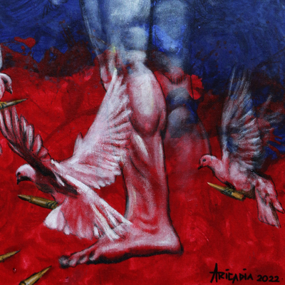 'Peaceful Heart' - Pintura de paz expresionista firmada de un hombre y palomas
