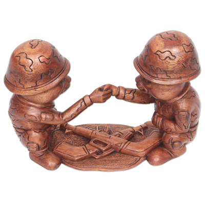 Wood sculpture, 'Peace in the Midst of War' - World Peace Project Wood Sculpture Hand-Carved in Bali