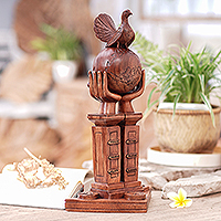 Wood sculpture, 'Pillar of Peace' - World Peace Project Wood Sculpture Hand-Carved in Bali