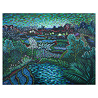 'Protecting of Nature' - Original World Peace Painting of Green Rice Fields