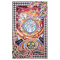 Pintura batik de algodón, 'Paz en el mundo' - Pintura expresionista batik con paleta multicolor vibrante