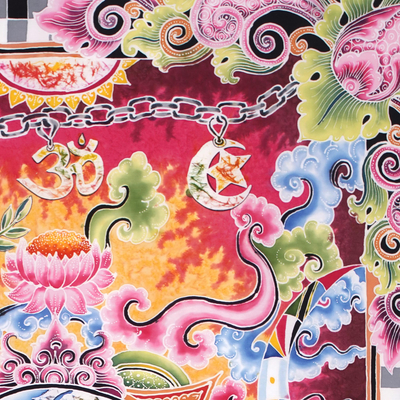 Cotton batik painting, 'Peace in the World' - Batik Expressionist Painting with Vibrant Multicolor Palette