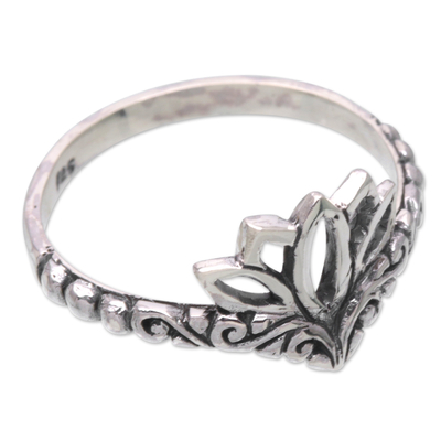 Anillo de banda de plata esterlina - Anillo de plata de ley balinés con motivo de flor de loto