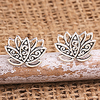Sterling silver button earrings, 'Lotus Lady' - Balinese Sterling Silver Button Earrings with Lotus Flowers