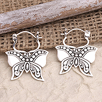 Sterling silver hoop earrings, 'Sparkling Illusion' - Sterling Silver Butterfly Hoop Earrings Crafted in Bali