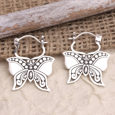 Sterling silver hoop earrings, 'Sparkling Illusion' - Sterling Silver Butterfly Hoop Earrings Crafted in Bali