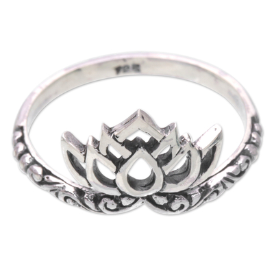Sterling silver band ring, 'Floral Rebirth' - Sterling Silver Band Ring with Lotus Flower Motif