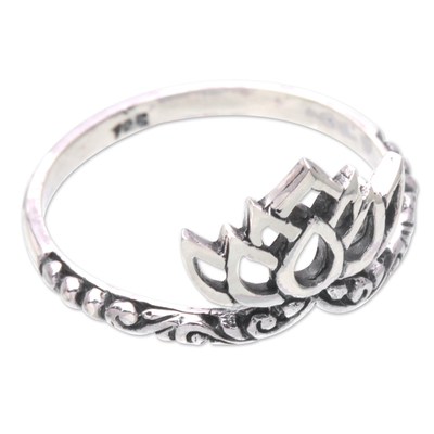 Sterling silver band ring, 'Floral Rebirth' - Sterling Silver Band Ring with Lotus Flower Motif