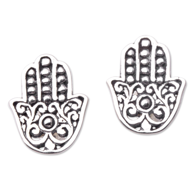 Sterling silver button earrings, 'Hamsa Twins' - Sterling Silver Button Earrings with Hamsa Symbol