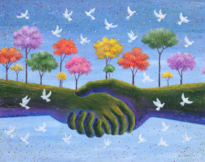 'World Peace: Shaking Hands' - Acrylic on Canvas Peace-Themed Surreal Painting from Java
