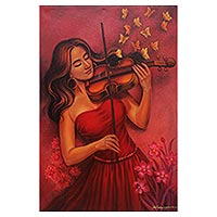 'Peace of Symphony' - Balinese Realist Painting of Violinist in Red Dress