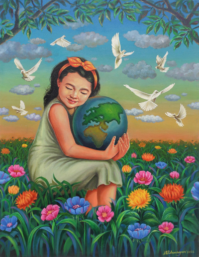 Realist Peace Painting of Girl in Field of Flowers from Bali