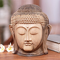 Holzskulptur „Enlightenment Peace“ – Handgeschnitzte Buddha-Skulptur aus Holz des World Peace Project, Bali