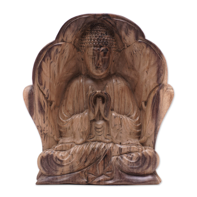 Wood sculpture, 'Enlightenment Peace' - World Peace Project Hand-Carved Wood Buddha Sculpture, Bali