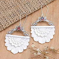 Garnet dangle earrings, 'Morning Sunflowers' - Garnet & Sterling Silver Sunflower Dangle Earrings from Bali
