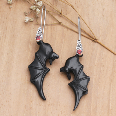 Garnet dangle earrings, 'Nocturnal Passion' - Black Garnet and Sterling Silver Dangle Earrings with Bats