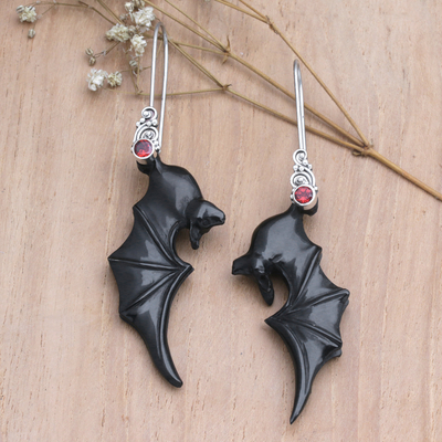 Garnet dangle earrings, 'Nocturnal Passion' - Black Garnet and Sterling Silver Dangle Earrings with Bats
