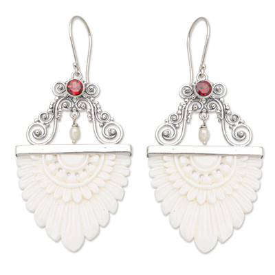 Cultured pearl and garnet dangle earrings, 'Feather Love' - Cultured Pearl Garnet & Sterling Silver Dangle Earrings