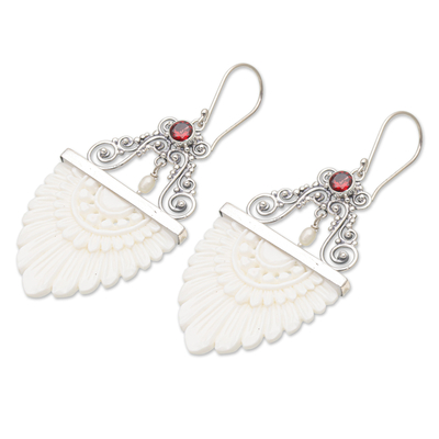 Cultured pearl and garnet dangle earrings, 'Feather Love' - Cultured Pearl Garnet & Sterling Silver Dangle Earrings