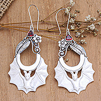 Garnet dangle earrings, 'Afternoon Bat' - Garnet & Sterling Silver Bat Dangle Earrings from Bali