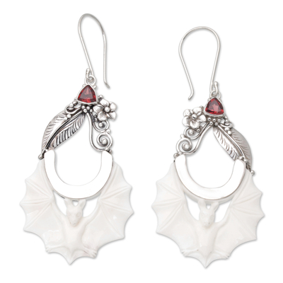 Garnet dangle earrings, 'Afternoon Bat' - Garnet & Sterling Silver Bat Dangle Earrings from Bali