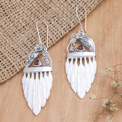 Garnet dangle earrings, 'Morning Feathers' - Garnet & Sterling Silver Feathers Dangle Earrings from Bali