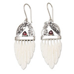 Garnet dangle earrings, 'Morning Feathers' - Garnet & Sterling Silver Feathers Dangle Earrings from Bali