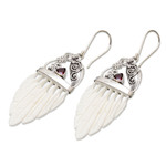 Garnet dangle earrings, 'Morning Feathers' - Garnet & Sterling Silver Feathers Dangle Earrings from Bali
