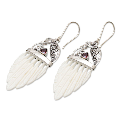 Garnet dangle earrings, 'Morning Feathers' - Garnet & Sterling Silver Feathers Dangle Earrings from Bali