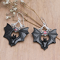 Horn and garnet dangle earrings, 'Midnight Bat' - Horn Garnet & Sterling Silver Bat Dangle Earrings from Bali
