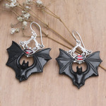 Horn and garnet dangle earrings, 'Midnight Bat' - Horn Garnet & Sterling Silver Bat Dangle Earrings from Bali