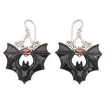 Horn and garnet dangle earrings, 'Midnight Bat' - Horn Garnet & Sterling Silver Bat Dangle Earrings from Bali