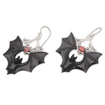 Horn and garnet dangle earrings, 'Midnight Bat' - Horn Garnet & Sterling Silver Bat Dangle Earrings from Bali