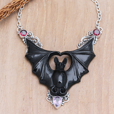 Horn, amethyst and garnet pendant necklace, 'Midnight Bat' - Horn Amethyst Garnet & Sterling Silver Bat Pendant Necklace