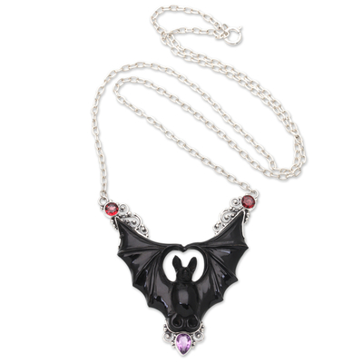 Horn, amethyst and garnet pendant necklace, 'Midnight Bat' - Horn Amethyst Garnet & Sterling Silver Bat Pendant Necklace