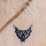 Horn, amethyst and garnet pendant necklace, 'Midnight Bat' - Horn Amethyst Garnet & Sterling Silver Bat Pendant Necklace