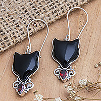 Horn and garnet dangle earrings, 'Abstract Cats' - Horn Garnet & Sterling Silver Cat Dangle Earrings from Bali