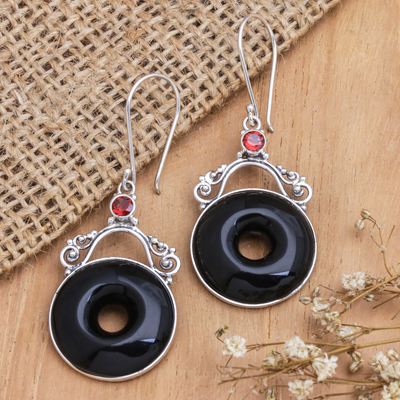 Horn and garnet dangle earrings, 'Sweet Donuts' - Balinese Horn Garnet & Sterling Silver Round Dangle Earrings