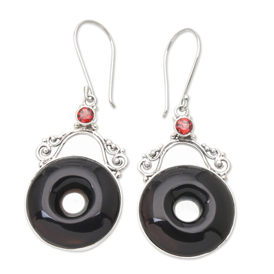Horn and garnet dangle earrings, 'Sweet Donuts' - Balinese Horn Garnet & Sterling Silver Round Dangle Earrings