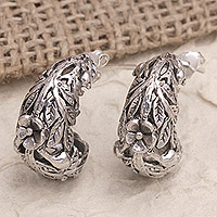 Sterling silver half-hoop earrings, 'The Leaf Crown' - Sterling Silver Leaf and Flower Half-Hoop Earrings from Bali