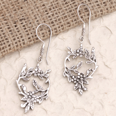 Sterling silver dangle earrings, 'Sprig of Leaves' - Bali Leaf Vine Flower Sterling Silver Dangle Earrings
