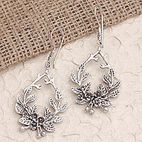 Sterling silver dangle earrings, 'Union of Branches' - Bali Leaf and Flower Sterling Silver Dangle Earrings