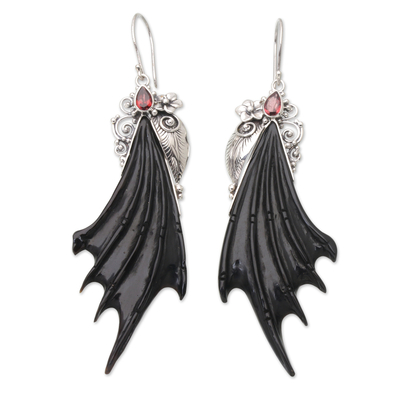 Horn and garnet dangle earrings, 'Wings of Devil' - Horn Garnet & Sterling Silver Wing Dangle Earrings from Bali