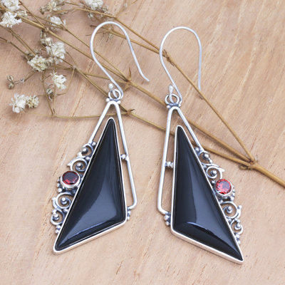 Horn and garnet dangle earrings, 'Nocturnal Shapes' - Horn Garnet and Sterling Silver Triangle Dangle Earrings