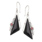 Horn and garnet dangle earrings, 'Nocturnal Shapes' - Horn Garnet and Sterling Silver Triangle Dangle Earrings