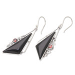 Horn and garnet dangle earrings, 'Nocturnal Shapes' - Horn Garnet and Sterling Silver Triangle Dangle Earrings