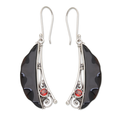 Horn and garnet dangle earrings, 'Charming Appeal' - Balinese Horn Garnet and Sterling Silver Dangle Earrings